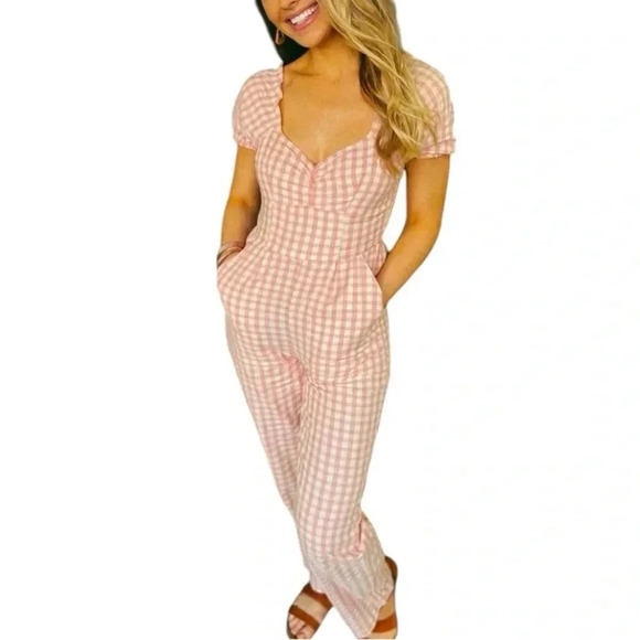 JESSICA SIMPSON | Pink Gingham Plaid Puff Sleeve Jumpsuit Size S - Picture 1 of 7
